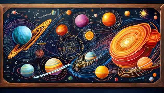 a colorful depiction of planets and celestial bodies on a chalkboard with mathematical equations illustrating the wonders of astronomy and space science - Powered by Adobe