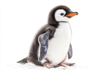 Fototapeta premium Cute Gentoo penguin chick with fluffy feathers and orange beak on snow, showcasing Antarctic wildlife.