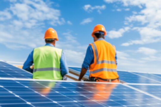 Workers at a construction site using eco-friendly materials and solar panels discuss sustainable building practices under a clear sky