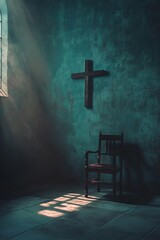 Naklejka premium Moody room interior with sunlight streaming through a window, highlighting a wooden chair and cross on a textured wall.
