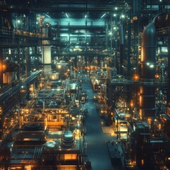 Fototapeta premium Illuminated industrial factory interior at night, showcasing complex machinery and infrastructure.