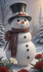 Obraz premium Charming snowman in a garden with falling snowflakes all around.