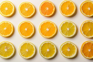 Obraz premium A row of oranges and lemons are sliced in half. The oranges are yellow and the lemons are green