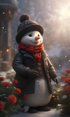 Obraz premium Magical winter scene with bright colors and snowman.
