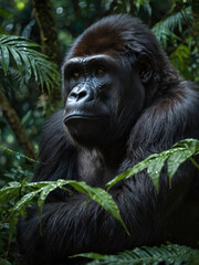 The gorilla stands among cascading vines and tall trees.
