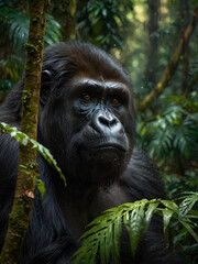 Fototapeta premium The gorilla stands among cascading vines and tall trees.