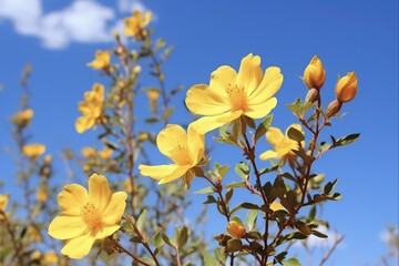 Yellow Wildflowers of Tribulus Zeyheri with Blue Sky in Kalahari, South Africa: Nature's Beauty in Flower