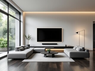 Modern living room design featuring sleek furniture, natural light, and minimalist aesthetics in a contemporary home environment