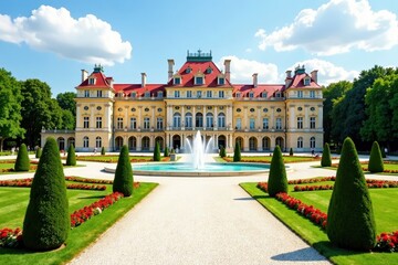 Fototapeta premium Grand entrance of Belvedere palace with fountain and gardens, palace, fountain