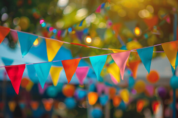A bunch of colorful streamers and balloons hanging from a tree