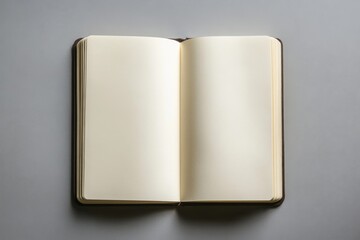 A book is open to a blank page. The book is on a grey surface