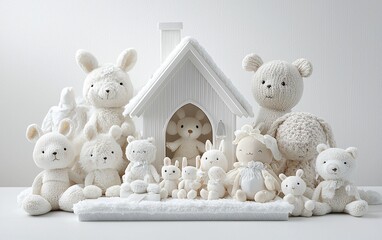 Adorable white plush toys gathered around a miniature house.