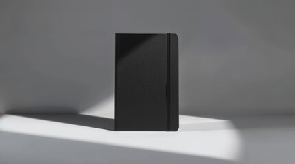A5 notebook mockup with a black cover and textured finish on a minimalist background
