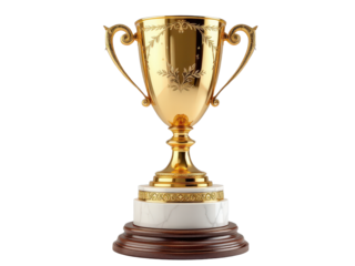 Shining golden trophy resting elegantly on a wooden and marble pedestal, symbolizing achievement and celebration in a competitive journey