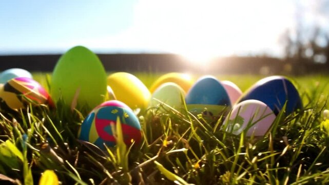 Colorful Easter eggs on grass