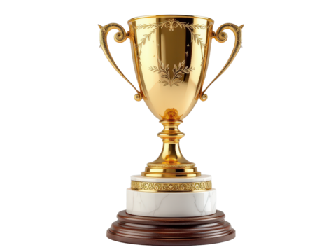 Shining golden trophy resting elegantly on a wooden and marble pedestal, symbolizing achievement and celebration in a competitive journey