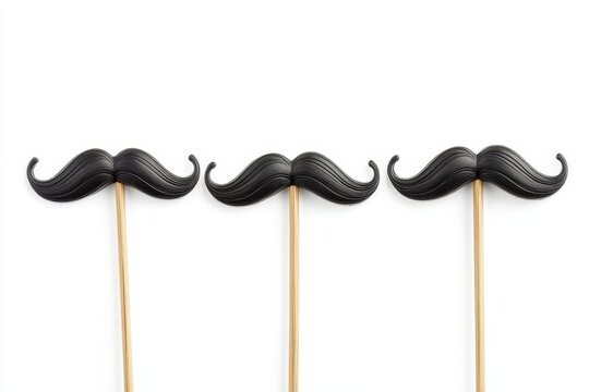 Three fake mustaches are on a white background. They are all the same size and shape. The mustaches are made of black plastic and are attached to wooden sticks