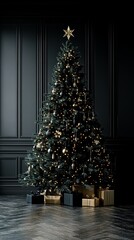 Fototapeta premium Opulent Christmas tree with golden ornaments and dark highlights, evoking a warm holiday atmosphere