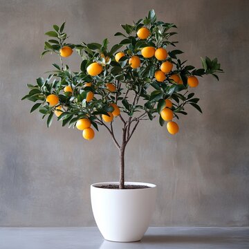 A small orange tree with many oranges on it is in a white pot. The tree is in a room with a grey wall