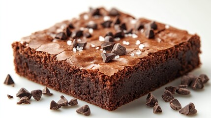 Delicious chocolate brownie with chocolate chips and sea salt on white background.
