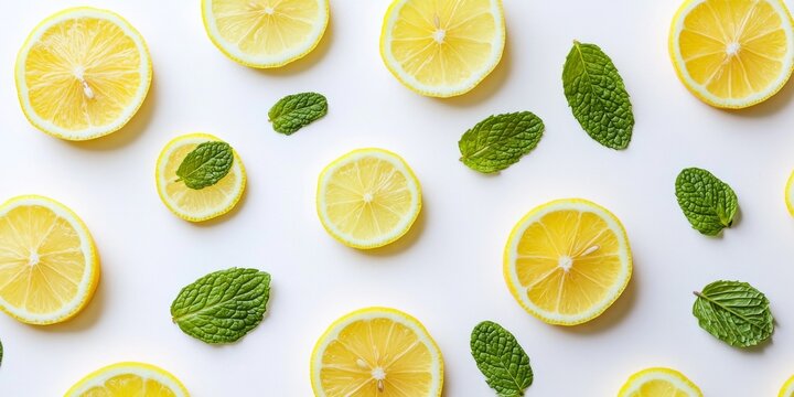 A close up of a bunch of lemons and mint leaves