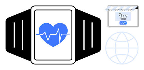 Obraz premium Heart rate monitor on smartwatch, online shopping cart icon, globe symbolizing connectivity. Ideal for healthcare, e-commerce, technology, online services, fitness, global reach digital health