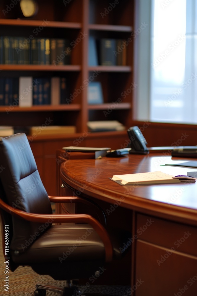 Poster A brown leather office chair sits in front of a desk. The desk has a telephone, a laptop, and a stack of books