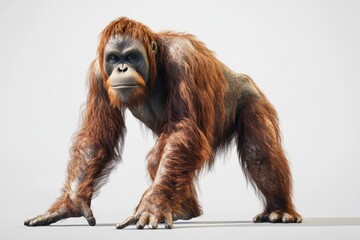 Fototapeta premium A striking image of an orangutan standing on all fours, showcasing its unique features and vibrant fur against a plain white backdrop.