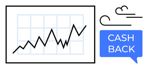 Upward line graph next to a speech bubble reading Cash Back and stylized wind icons. Ideal for finance, investment, savings, growth, rewards, incentives, online shopping. Abstract line flat metaphor