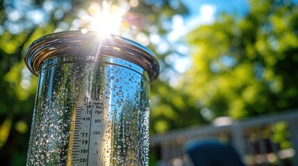 Sunlit rain gauge with water droplets.