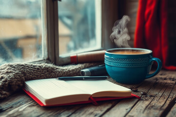 Cozy Coffee Moments: Warm Cup and Open Notebook in Relaxing Indoor Settings
