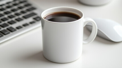 Minimalist Office Setup with a White Coffee Mug on Desk Near Keyboard and Mouse