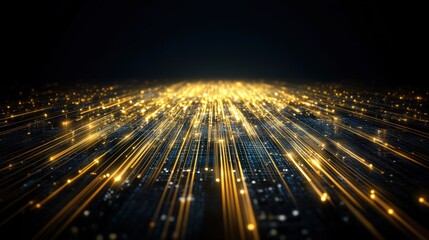 Abstract digital golden light rays emanating from a dark background with sparkling particles