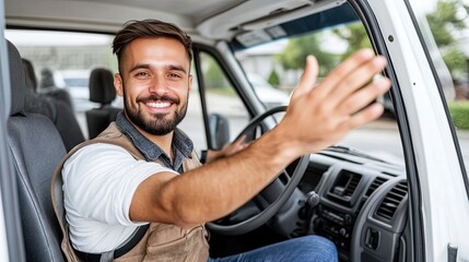Young delivery man in a cap holds truck keys out the window, showcasing his friendly demeanor and readiness for the next delivery