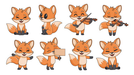 set of Cute Cartoon adorable foxes isolated on a white background, different poses,vector illustration 