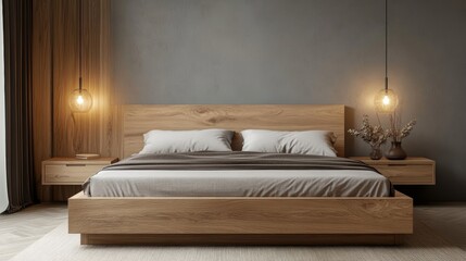 A stylish bedroom featuring a wooden bed, soft lighting, and minimalist decor, creating a warm and inviting space.