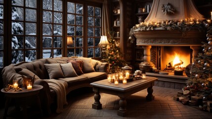 Naklejka premium A cozy living room with a fireplace and a Christmas tree. The room is lit by candles and has a warm, inviting atmosphere