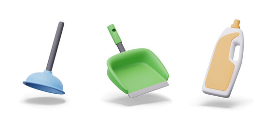 Realistic plunger, scoop, large bottle with handle and unbranded label. Set of isolated vector template for cleaning concepts. Inventory and liquid detergent