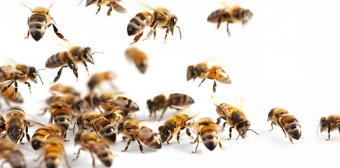 Fototapeta premium A swarm of bees flying in unison, captured in motion against a white background