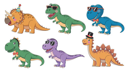 A set of cute cartoon dinosaurs in various poses, isolated on a white background, vector illustration 