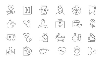Healthcare Line Icons. Editable stroke for Mobile and Web. Contains such icons as Hospital, Doctor, Nurse, Medical help, Dental. Vector illustration.