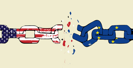 chain breaks between Europe Union, USA flags banner, template, background, web. Concept of tensions in relations partnerships between America Europe, trade, strategic partnership, sanctions, duties.	