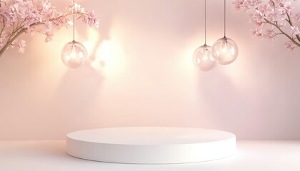 Elegant Pink Studio Background with White Podium Blossom Branches and Glass Pendant Lights