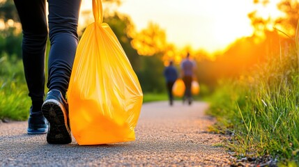 Community plogging event at sunrise promotes sustainability with active participants cleaning the forest trail