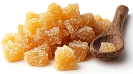 Pile of candied ginger pieces with a wooden spoon.