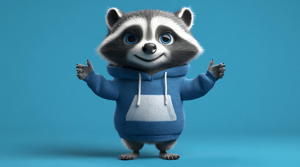 3D character of a raccoon in a hoodie, animated for fun and quirky designs, ideal for cartoons, digital art, or promotional materials