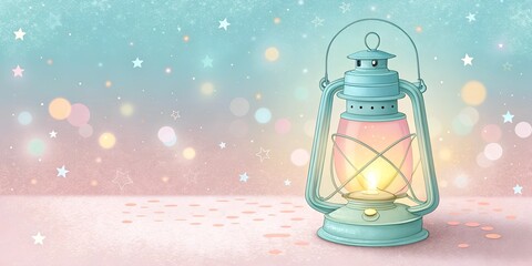 A whimsical cartoon lantern glows warmly against a dreamy pastel background filled with stars and bokeh lights. The image offers plenty of copy space for text or creative designs.