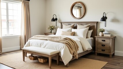 Rustic farmhouse bedroom with warm wood, neutral tones, and vintage accents. Distressed furniture, cozy knits, and natural elements create a welcoming, stylish retreat.