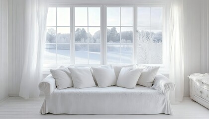 Fototapeta premium Serene Winter Day White Sofa by Window with Snowy Landscape View