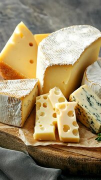 Assortment of gourmet cheeses displayed on a wooden board with fresh herbs and textures in a cozy setting